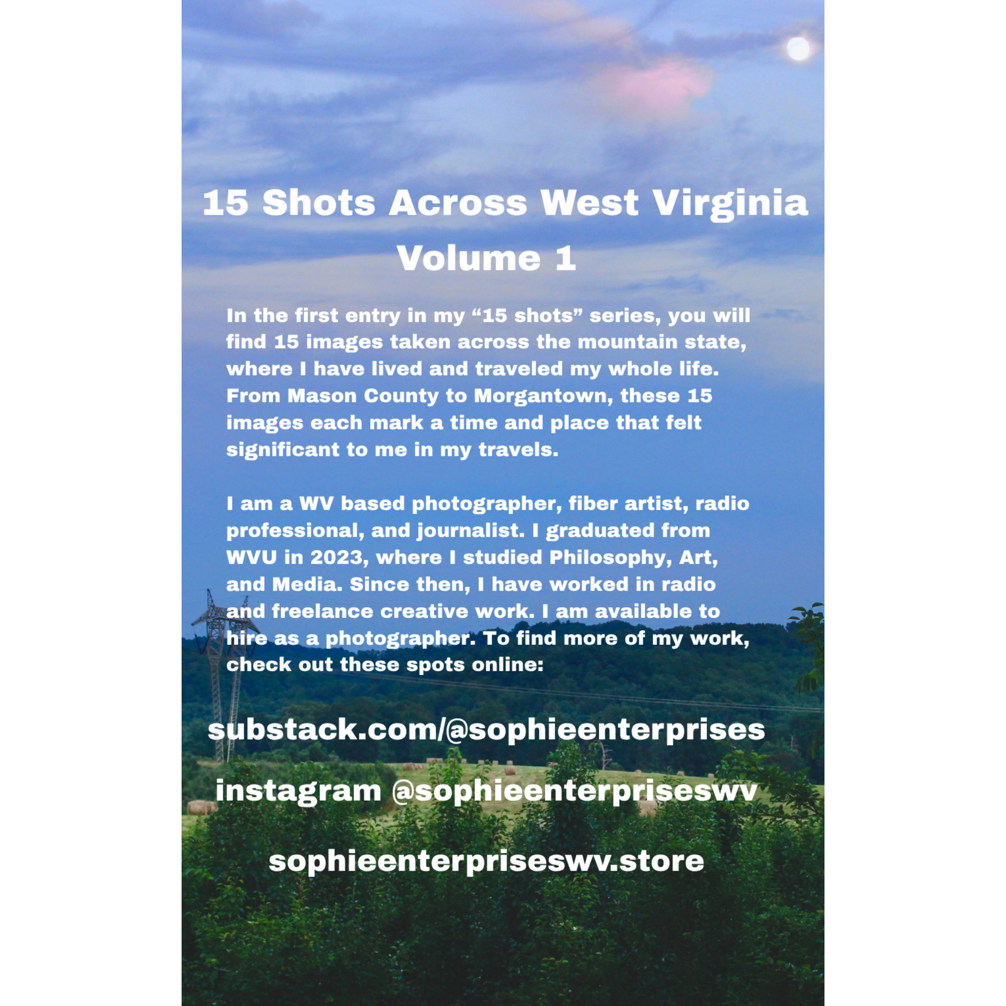 Promotional text for '15 Shots Across West Virginia Volume 1' with scenic background