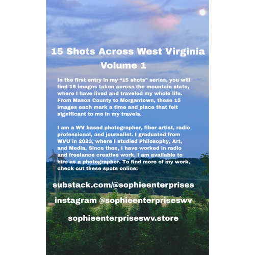 Promotional text for '15 Shots Across West Virginia Volume 1' with scenic background