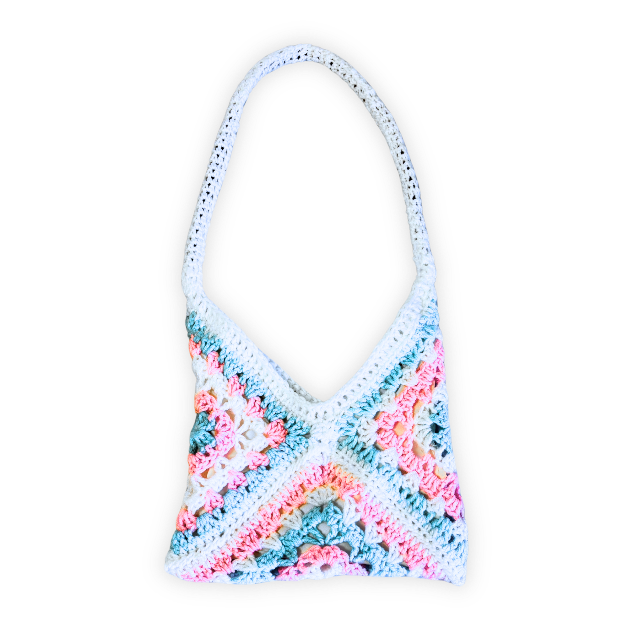 Trans Pride Flag Color Granny Square Purse with Fabric Liner Inside, Reinforced Strap, and Snap Closures