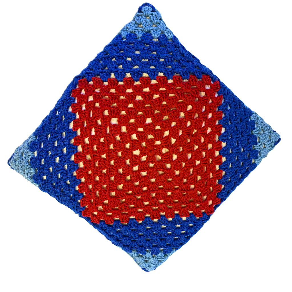Red and Blue Reversible Granny Square Throw Pillow
