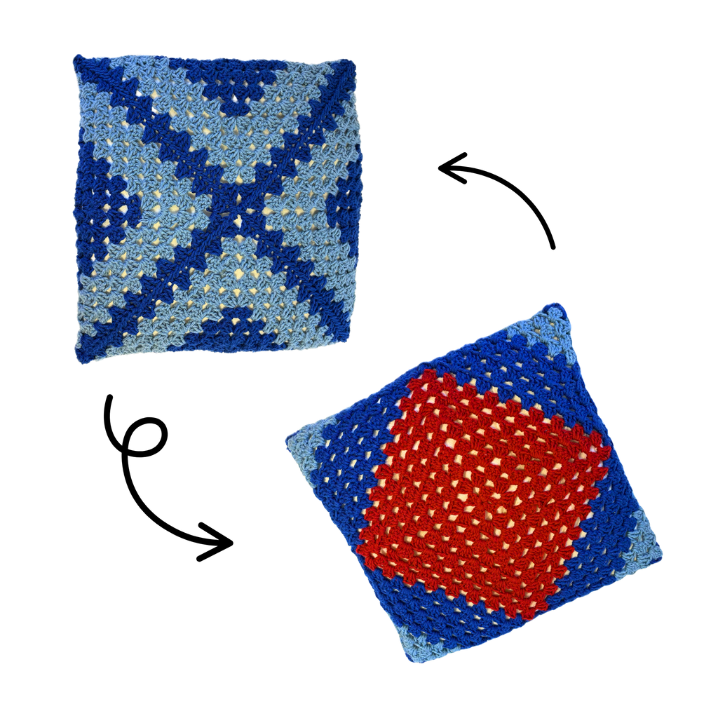 Red and Blue Reversible Granny Square Throw Pillow