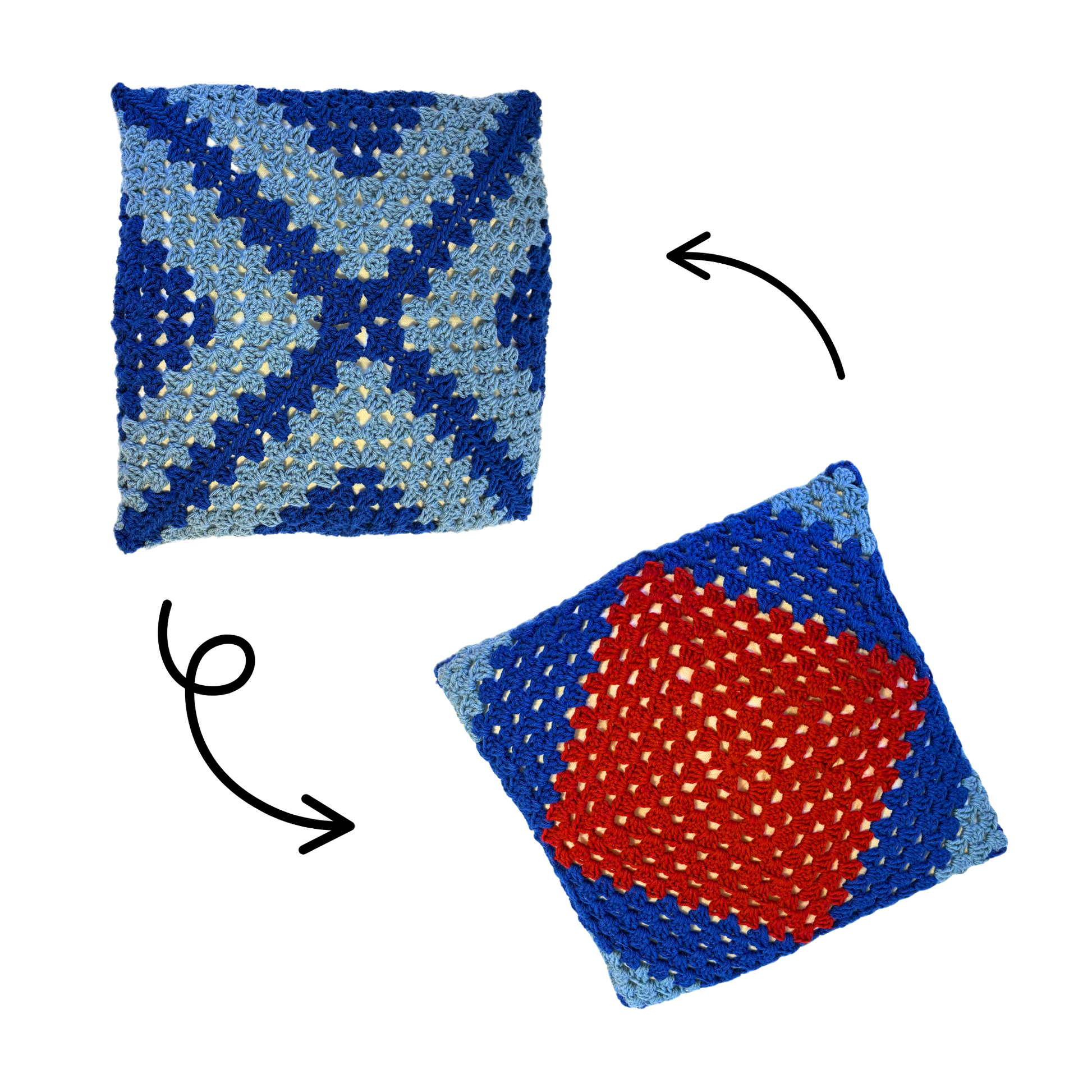 Red and Blue Reversible Granny Square Throw Pillow