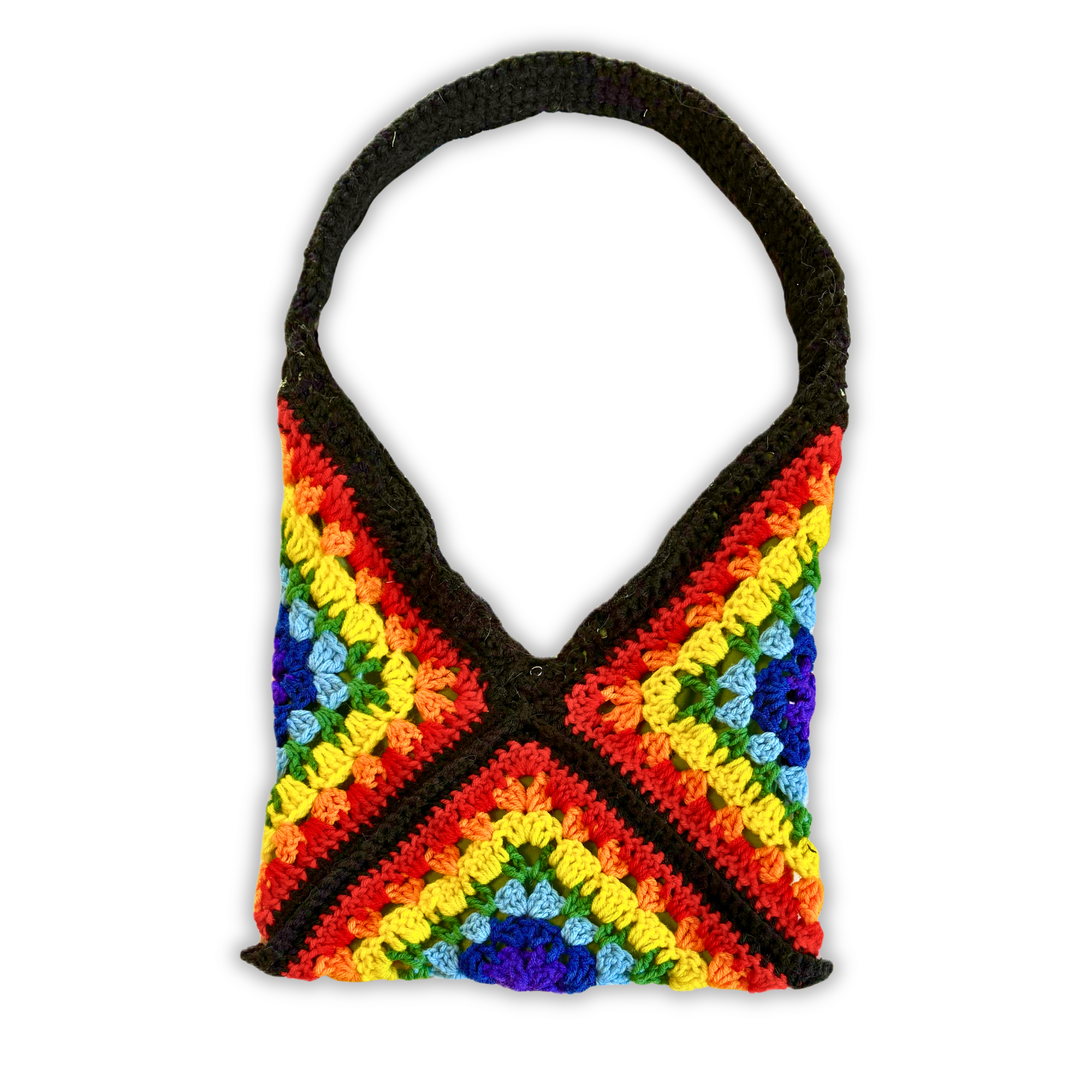 Gay Pride Flag Granny Square Purse with Fabric Liner Inside, Double Reinforced Strap, and Snap Closures