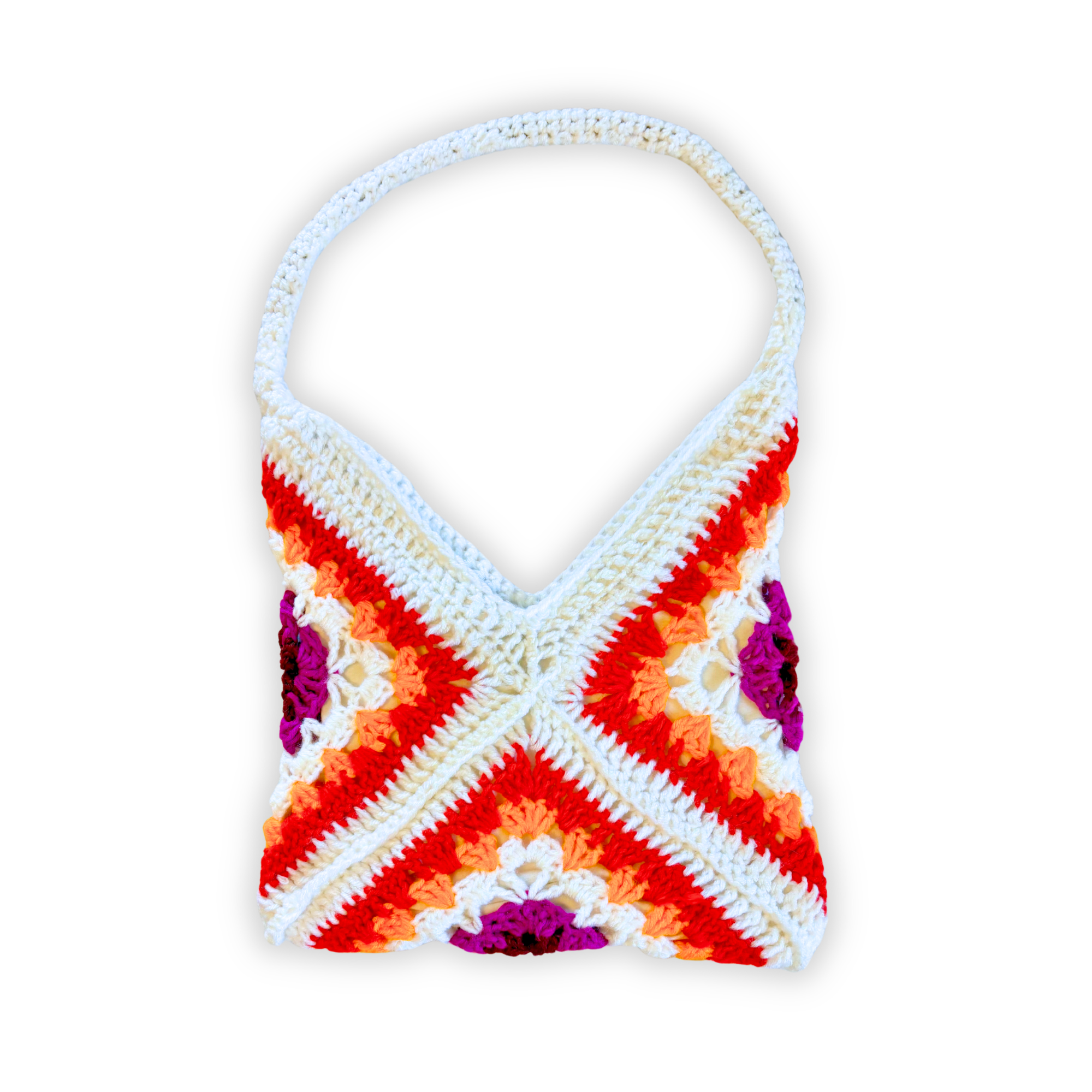 Colorful crocheted lesbian pride color bag with geometric pattern on a white background