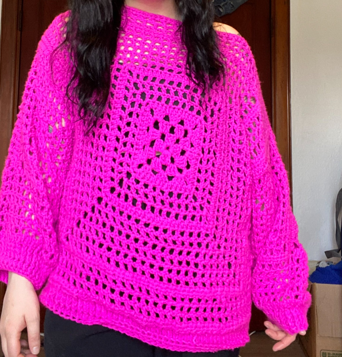Pink Lattice Crochet Loose Fit Sweater