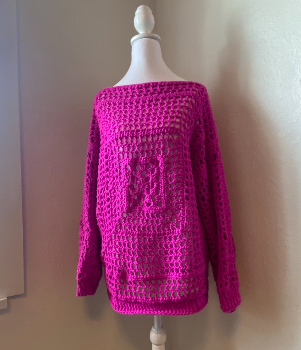 Pink Lattice Crochet Loose Fit Sweater
