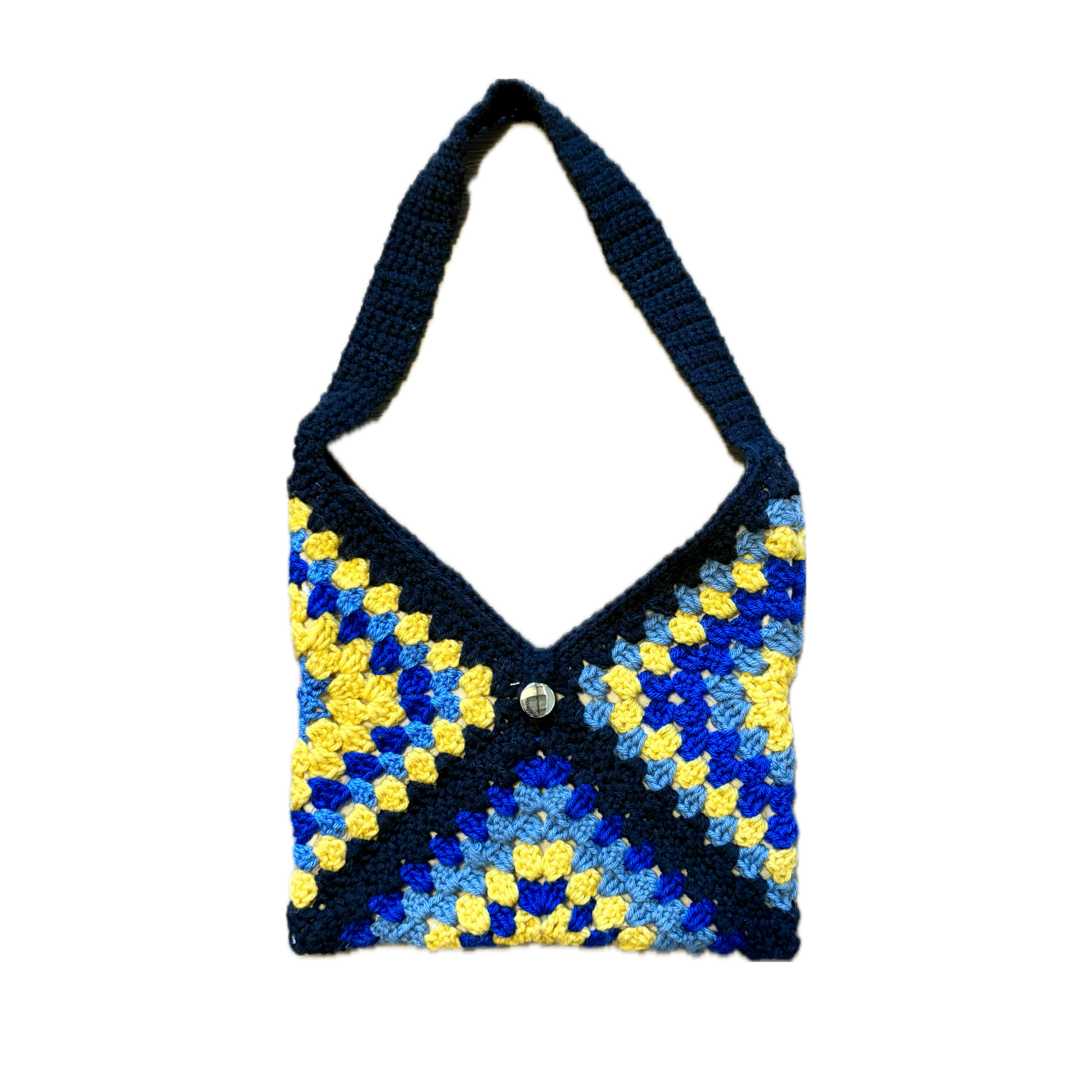 Crocheted bag with blue and yellow pattern on a white background