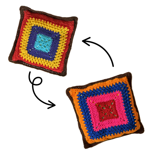 Two colorful crocheted square cushions with arrows indicating a transformation.