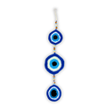 Decorative hanging with blue and white eye design on a white background