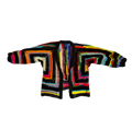 Colorful crochet sweater with a geometric pattern on a white background