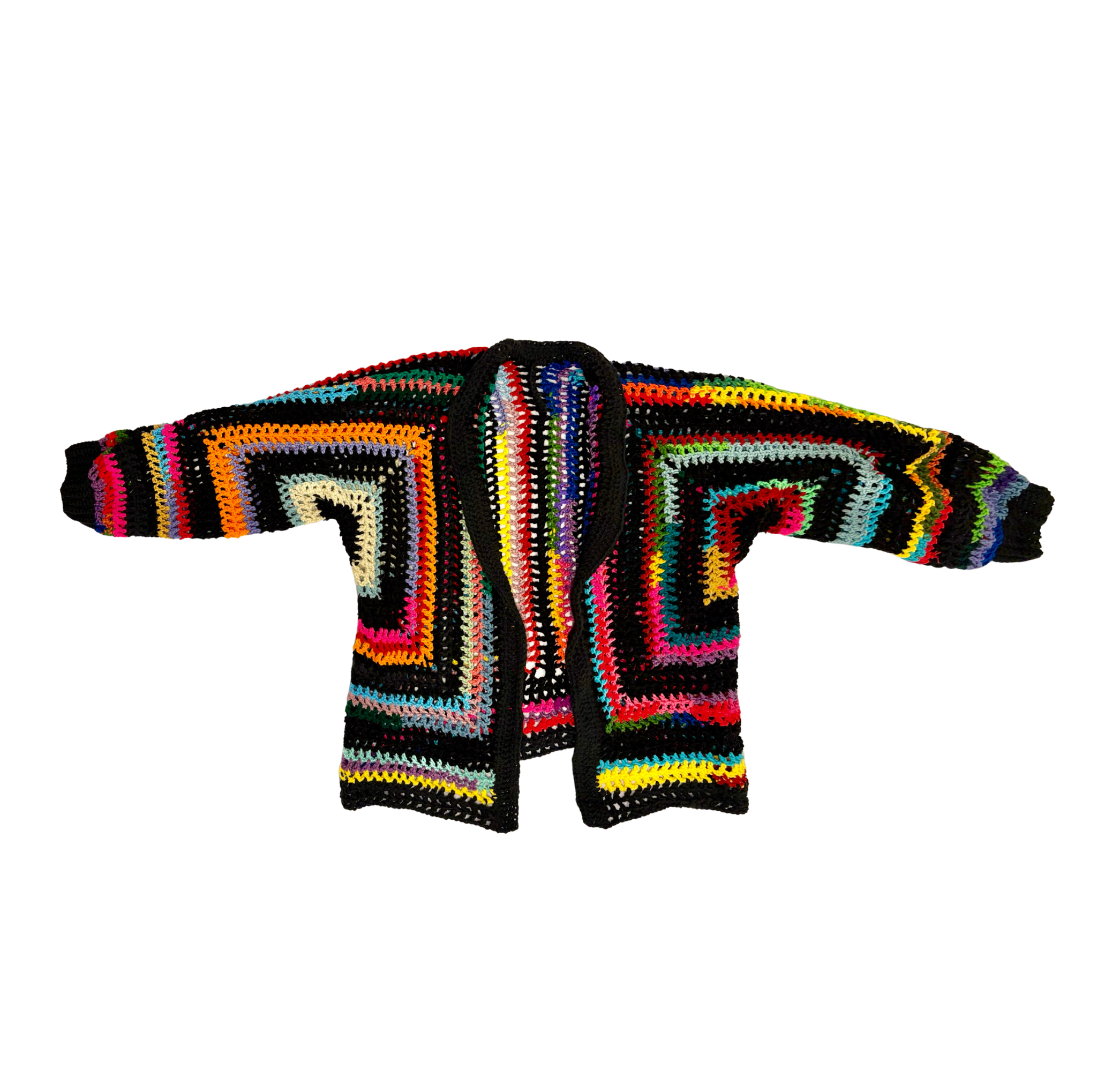 Colorful crochet sweater with a geometric pattern on a white background
