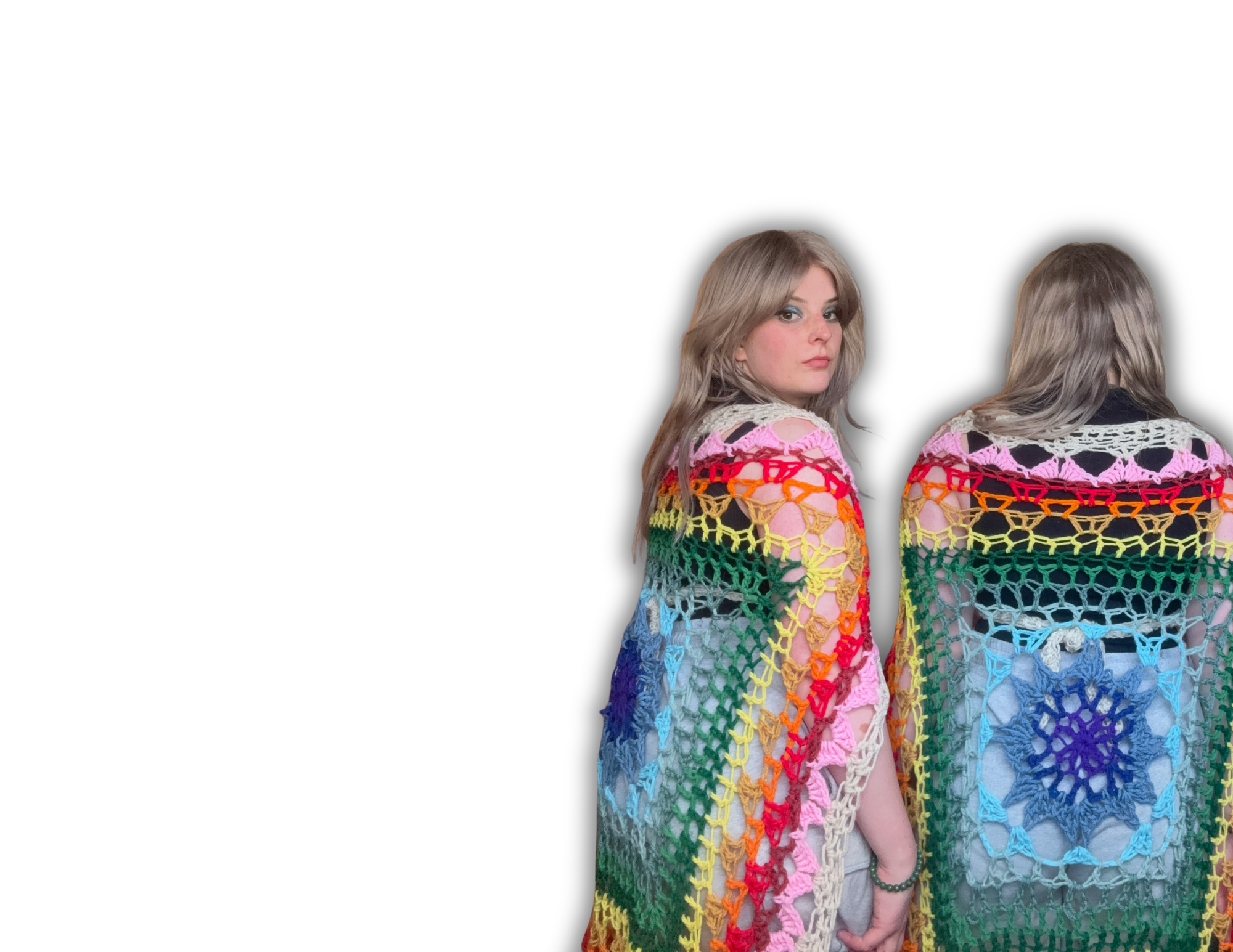 Woman wearing a colorful crocheted shawl on a white background