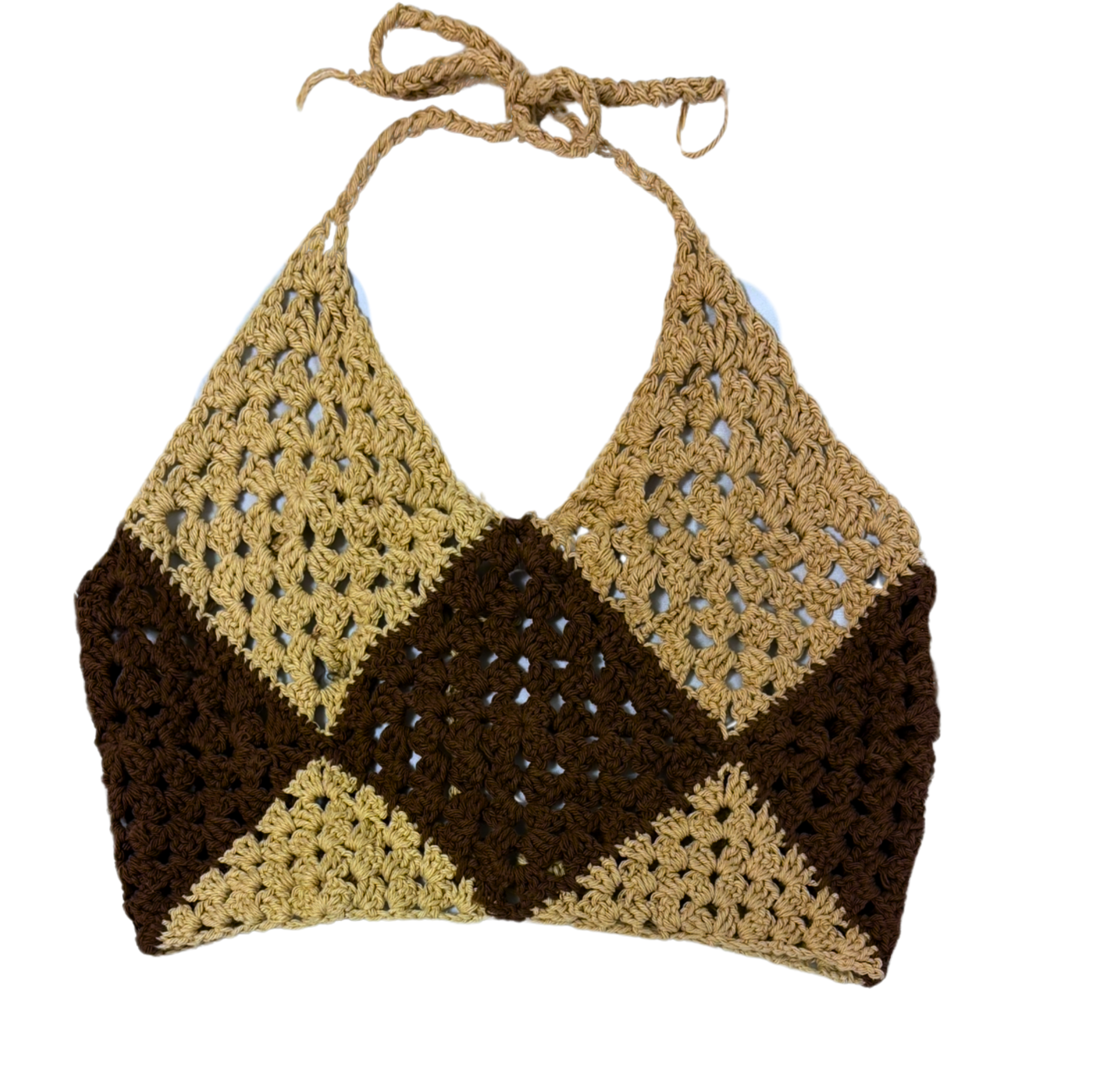 Crocheted bikini top with brown and beige pattern on a white background