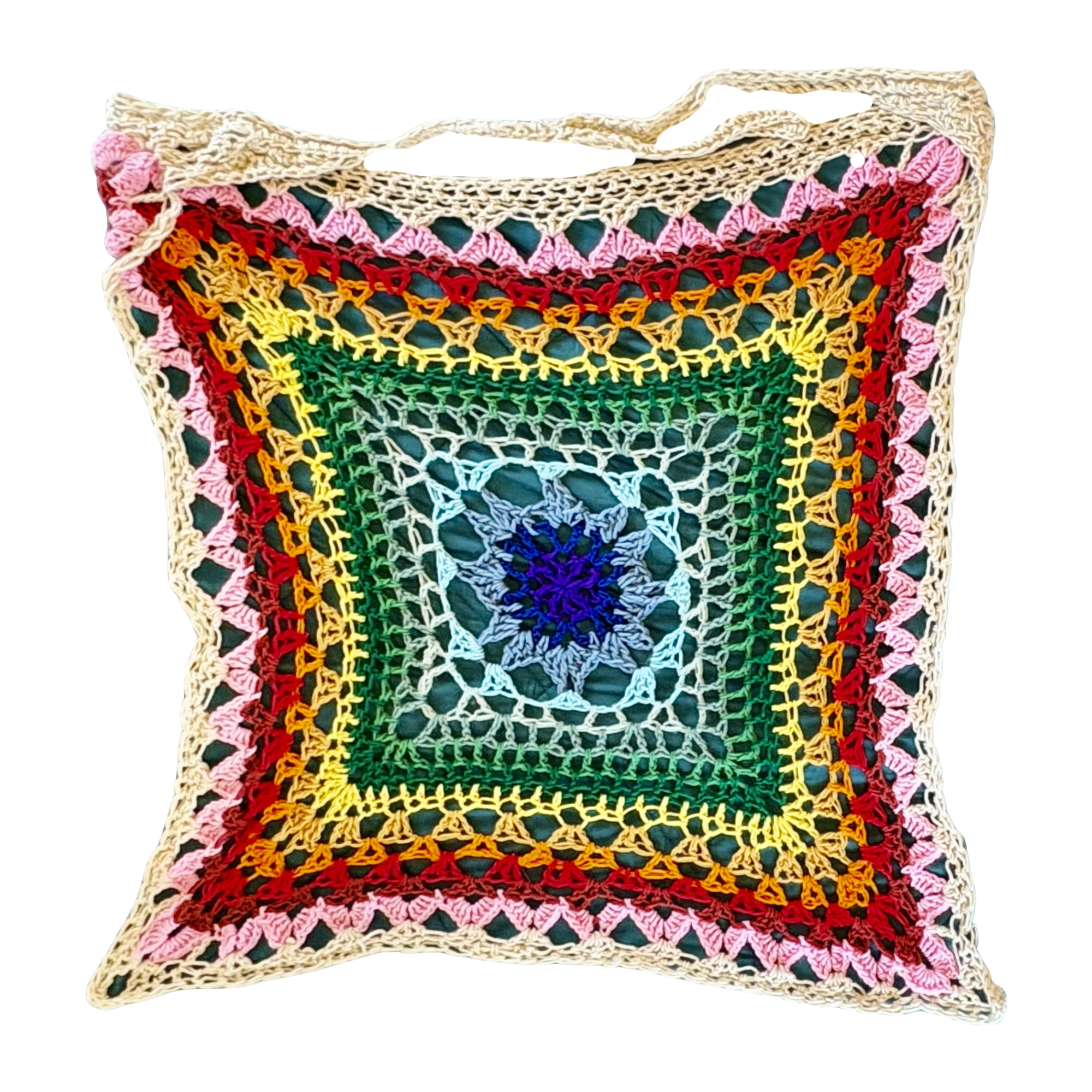 Colorful crocheted bag with a geometric pattern on a white background