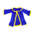 Blue and yellow crocheted garment on a white background