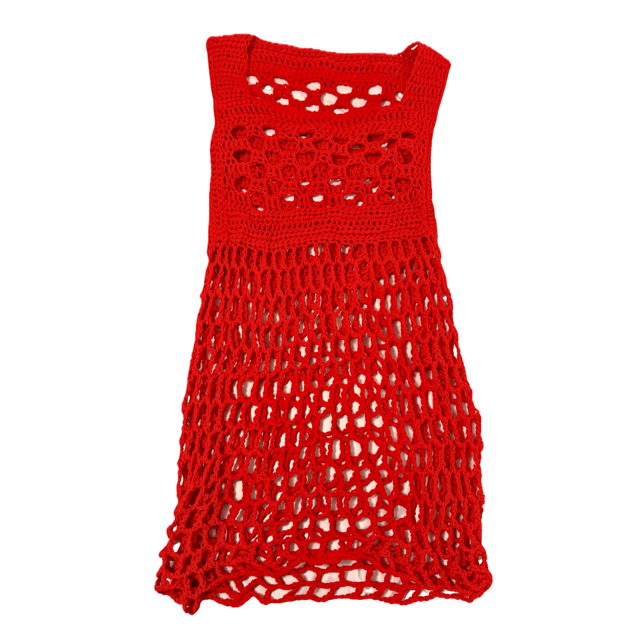 Red crochet dress on a white background