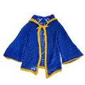 Blue and yellow crocheted cardigan on a white background
